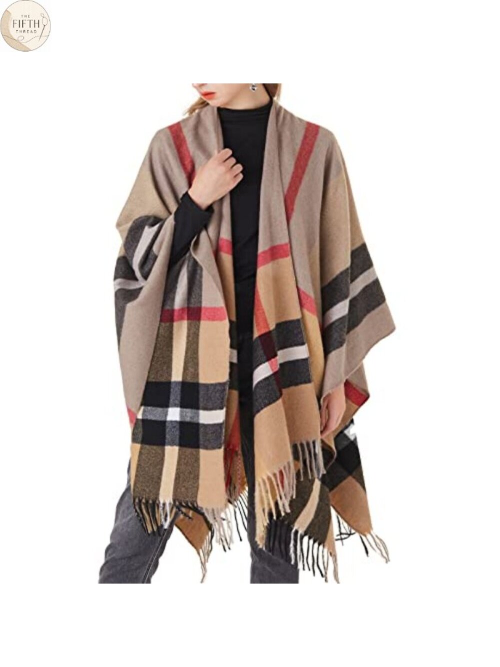 Plaid Shawl Wrap Warm Open Front Poncho Cape One Size Women